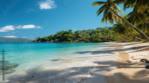 Beautiful Beach With Palms and Turquoise Sea In island Landscape Background