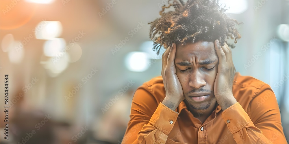 Anxious African American man experiencing stress and pressure in office environment. Concept Stress Management, Mental Health, Workplace Challenges, Coping Strategies, Minority Experiences