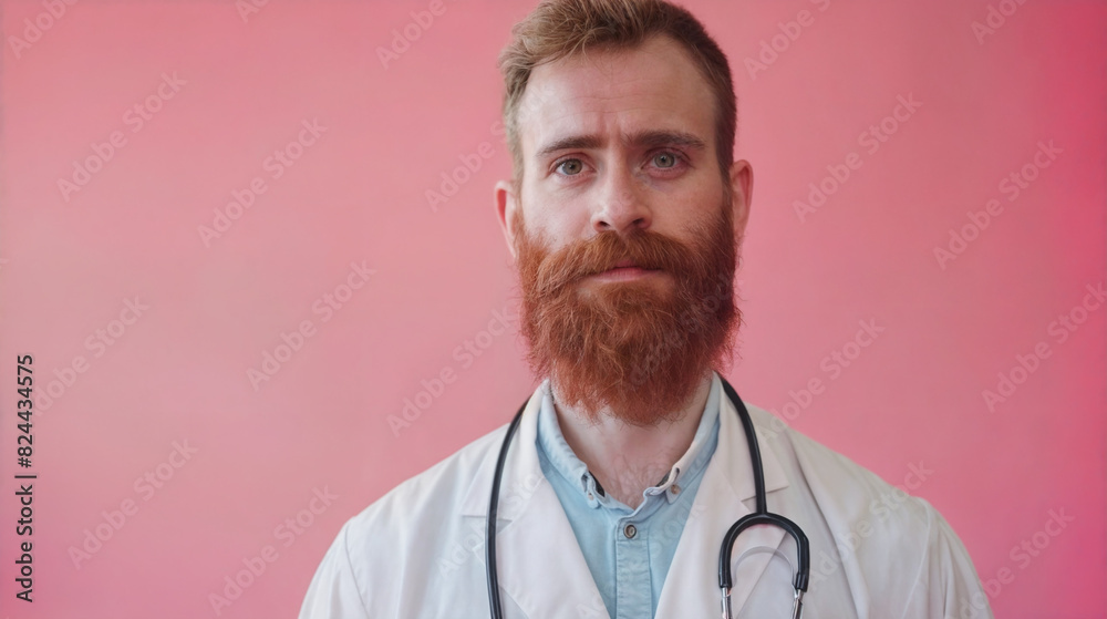 Portrait of a male doctor in a medical gown on a pink background. Medical specialist in the clinic. Portrait of a male doctor in a medical gown on a pink background. Medical specialist in the clinic.