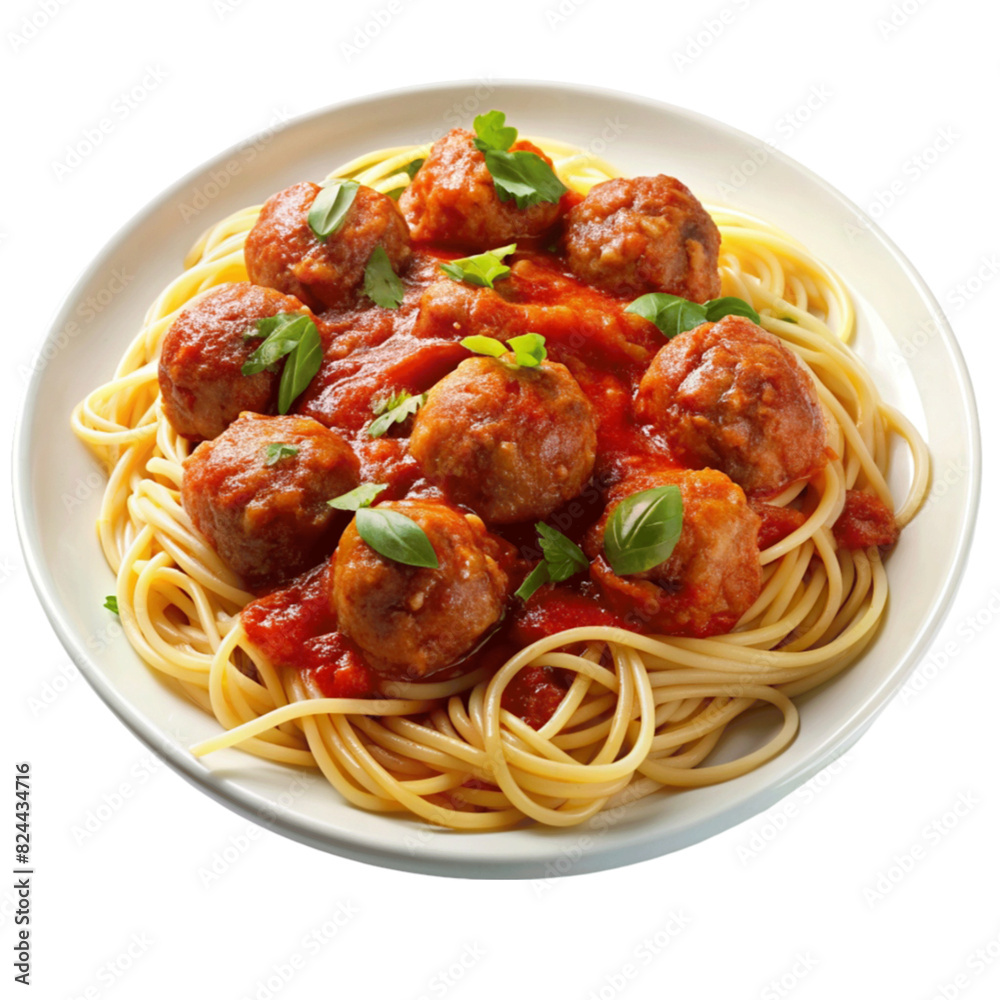 A plate of spaghetti with marinara sauce and meatballs isolated on Transparent background. A plate of spaghetti with marinara sauce and meatballs isolated on Transparent background.