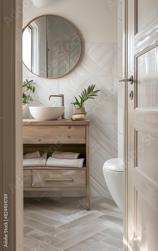 modern bathroom with herringbone tiles  oak vanity and round mirror  white walls