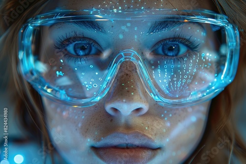 A woman wearing protective goggles is watching an electric screen