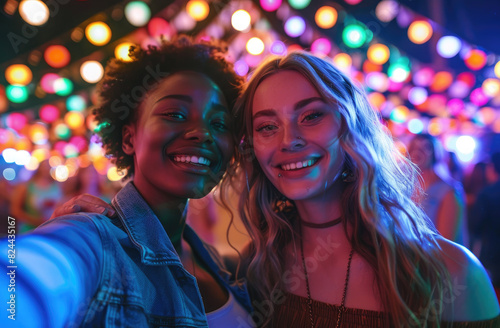 Two friends at an outdoor music festival, one black woman with short hair and the other white woman in her late twenties, both smiling joyfully as they pose for photos under colorful lights.