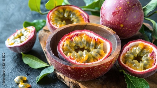 The appearance and feel of recently ripened passion fruit with glossy skin and tangy flavor packed with nutrients photo