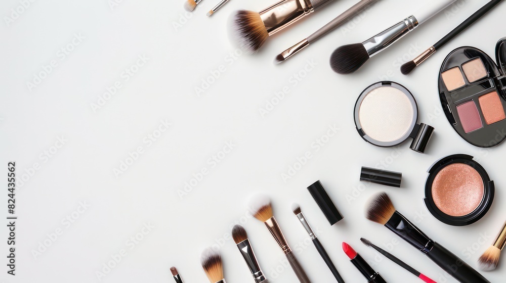 An array of cosmetic tools and makeup products neatly arranged on a clean, white background, leaving ample copy space An array of cosmetic tools and makeup products neatly arranged on a clean, white background, leaving ample copy space