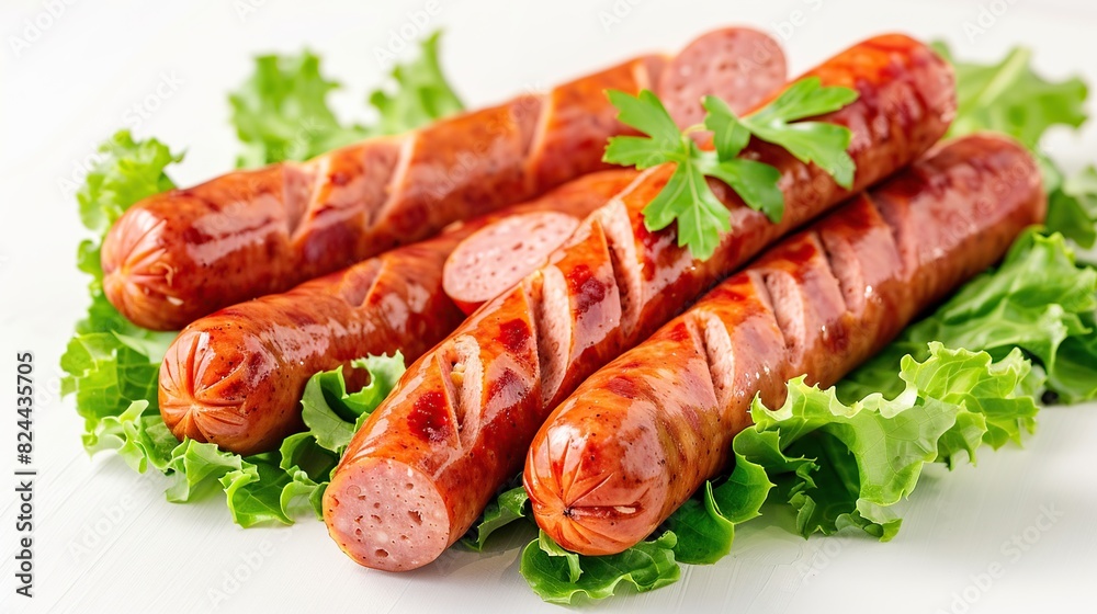 Beer sausages with fresh lettuce leaves, isolated on white background. Generative Ai Beer sausages with fresh lettuce leaves, isolated on white background. Generative Ai