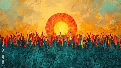 An illustration of a diverse group of people supporting a rising sun, representing collective effort for a brighter future. image photo