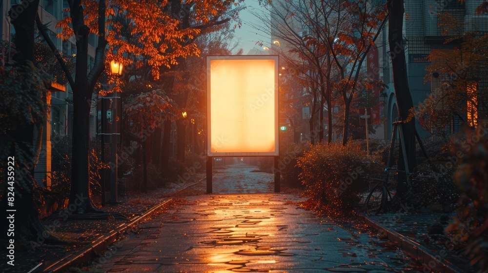 Mockup. Blank white vertical advertising banner billboard stand on the sidewalk at night