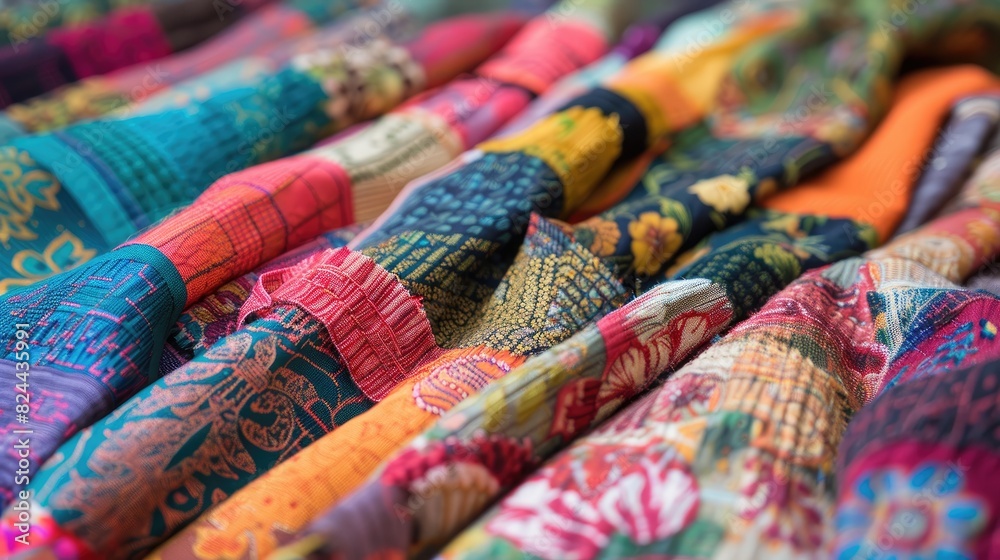 Multiple colored fabric spread across the table