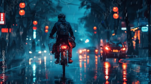 a courier from a delivery service, quickly riding a bicycle along a city street in the evening or night rainy time. fast delivery of products in the city