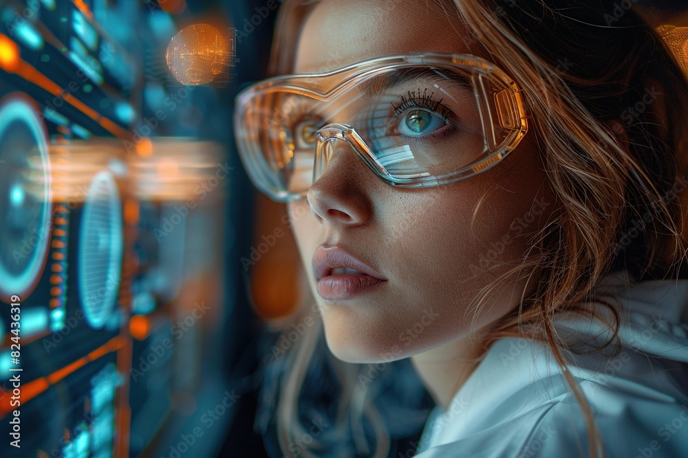 A woman wearing protective goggles is watching an electric screen A woman wearing protective goggles is watching an electric screen