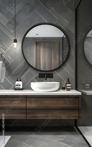 Modern interior of the bathroom with herringbone gray tiles  a round mirror on the wall and a modern wooden cabinet under the sink with the sink in a white color