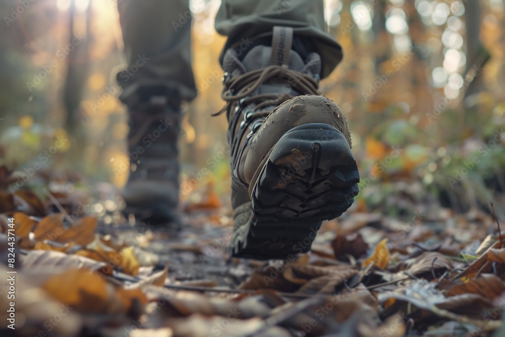 Fototapeta premium Close Up of Hiker Boots Walking Along Autumn Forest Path Carpeted With Fallen Leaves