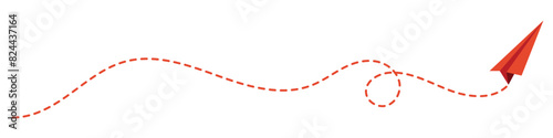 Red paper plane with dotted path. Vector design element. paper plane flying on white background