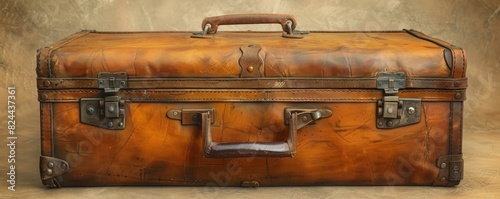Vintage leather suitcase with intricate texture, set against a beige backdrop, seen from the side with cozy ambient lighting