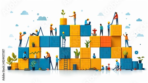 Fototapeta Naklejka Na Ścianę i Meble -  A drawing of people building a structure together, symbolizing creating infrastructure through teamwork. stock photo