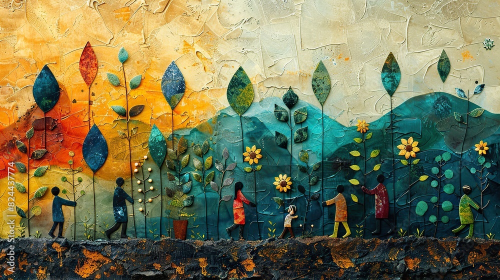 A painting of people planting seeds together, symbolizing sowing the seeds of growth through cooperation. stock photo