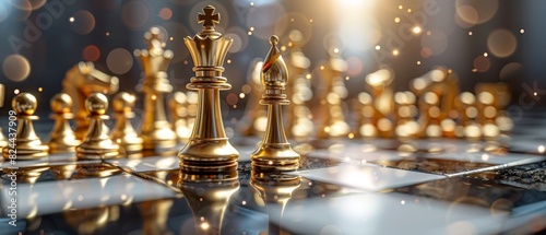 Shiny 3D rendered chess set  selective focus on king  on isolated grey background