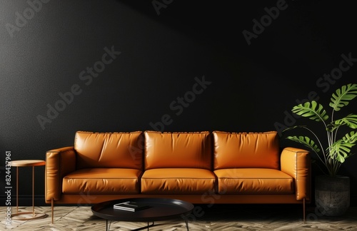 Black wall background with a modern interior design of a living room with an orange leather sofa