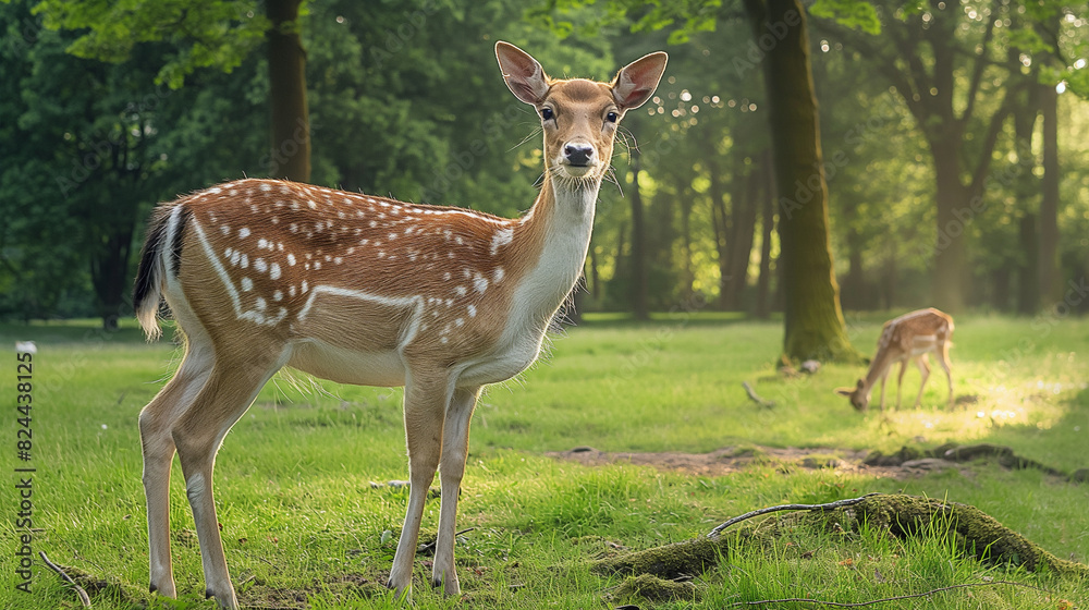 Reh steht im Wald auf einer Lichtung f2.8 bei Morgendämmerung Generative AI Reh steht im Wald auf einer Lichtung f2.8 bei Morgendämmerung Generative AI