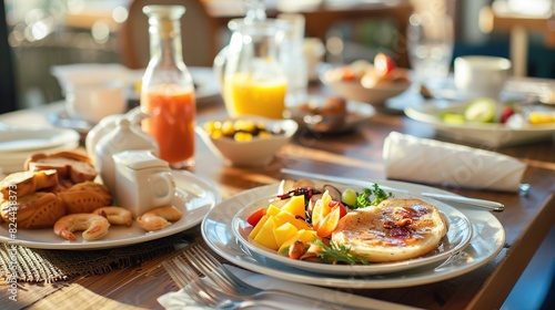 Healthy breakfast food table scene. Generative Ai
