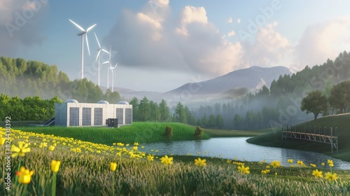 Concept of an energy storage system based on electrolysis of hydrogen for clean electricity solar and wind turbine facility photo