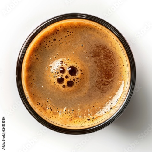Overhead view one cup of coffee. White background.