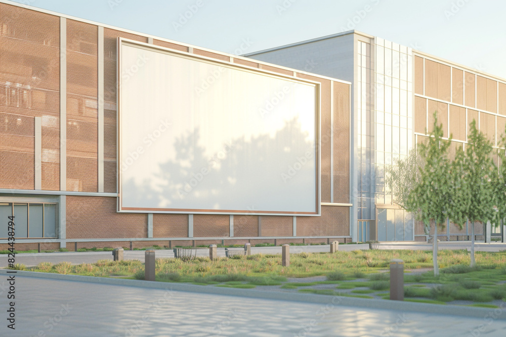 Realistic 3D render of a university campus with a blank billboard, perfect for educational ads, highlighted with a light border. Realistic 3D render of a university campus with a blank billboard, perfect for educational ads, highlighted with a light border.