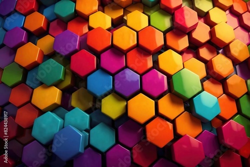 Abstract background texture of 3d glossy plastic rainbow hexagon geometric shapes