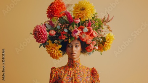 Young woman model with a bouquet of multi-colored flowers on her head on a beige background in fashion editorial style.