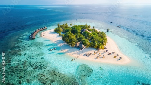 Stunning aerial shot captures a serene tropical island with a resort surrounded by the clear blue waters of the ocean