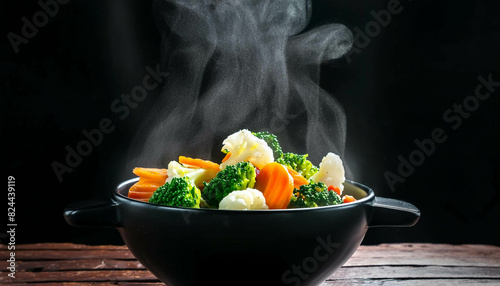 The steam from the vegetables carrot broccoli Cauliflower in a black bowl, a steaming. Boile