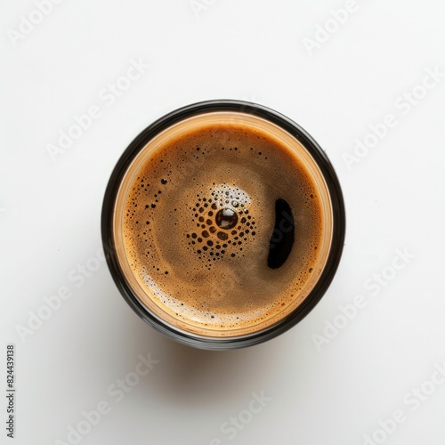 Overhead view one cup of coffee. White background.