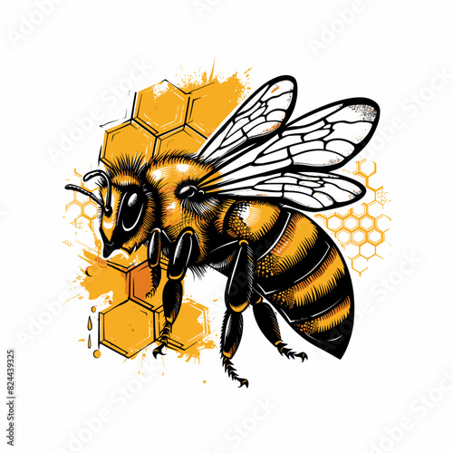 Hand drawn illustration of honey bee with honeycomb background