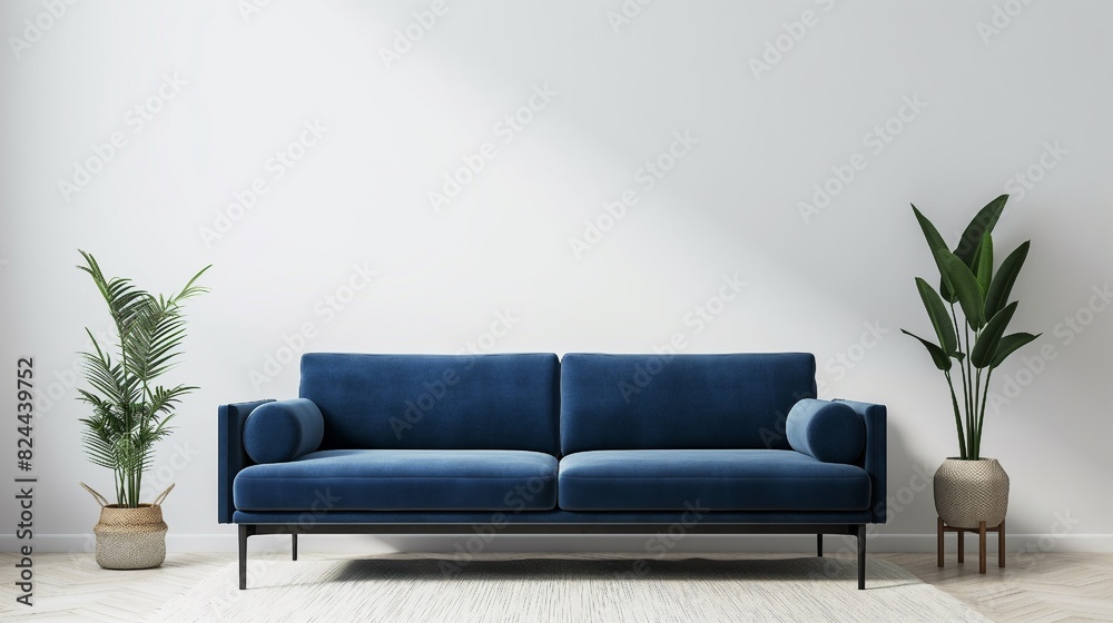 Brightly colored mockup of a modern living room with a sofa against a white wall background Brightly colored mockup of a modern living room with a sofa against a white wall background