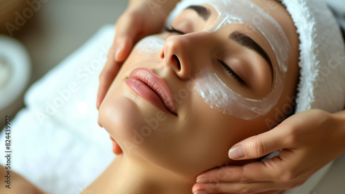 Close-up of a happy young woman with a towel on her head  receiving a luxurious facial massage. Skin care treatment.