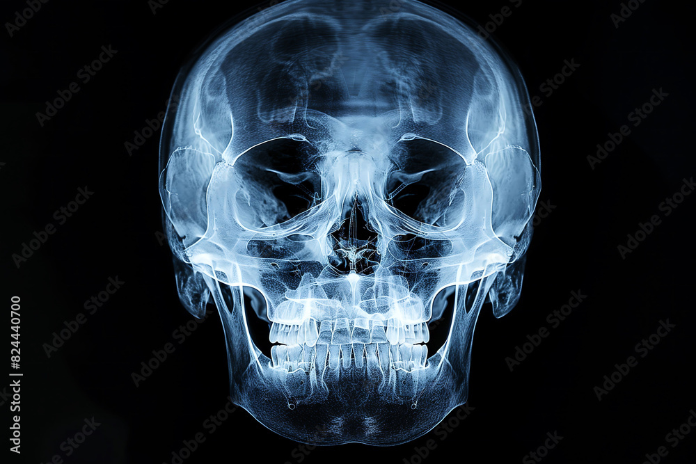 X-ray image showcasing a human skull, detailed view of cranial structure in a dark background X-ray image showcasing a human skull, detailed view of cranial structure in a dark background