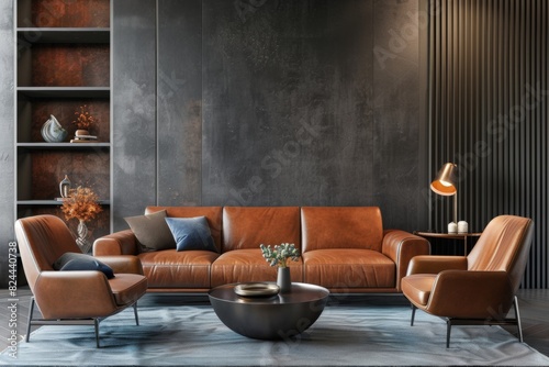 Dark gray wall background, living room interior design with brown leather sofa and armchairs © wanna