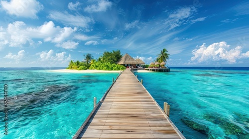 A serene tropical island resort with a wooden pier leading to a thatched-roof gazebo against a vibrant blue sky and clear turquoise water