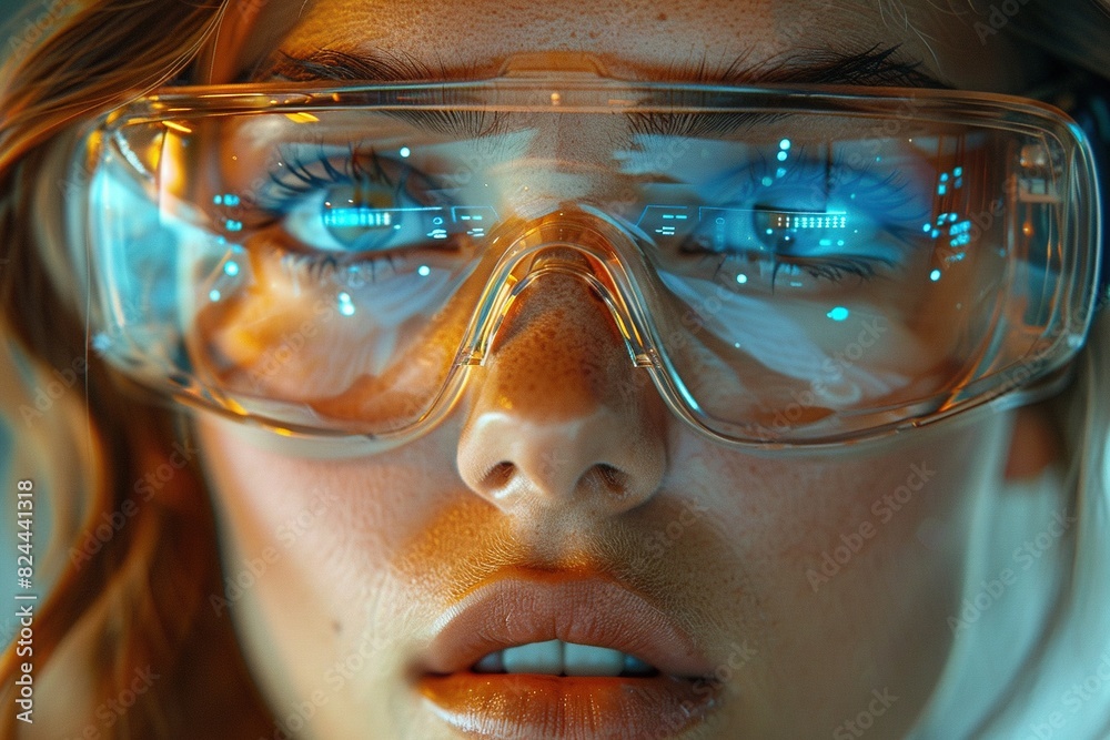 A woman wearing protective goggles is watching an electric screen A woman wearing protective goggles is watching an electric screen