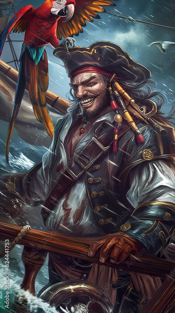 A charismatic pirate captain with a rakish grin and a parrot perched on his shoulder, standing at the helm of his ship as it cuts through stormy seas. 32k, full ultra HD, high resolution