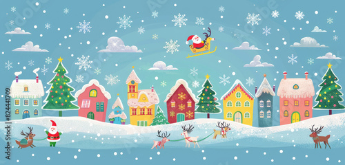 Vector Christmas town with houses  flying sleigh and reindeer in sky  snow falling down  colorful cartoon illustration background vector.