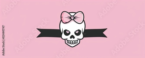 logo, pink and white color scheme with black outlines of a cute skull bow on top