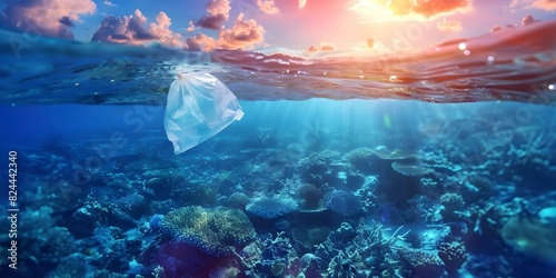 Plastic bag in ocean part of pollution harming marine life and health. Concept Plastic Pollution, Ocean Conservation, Marine Life Protection, Environmental Impact, Single-Use Plastic