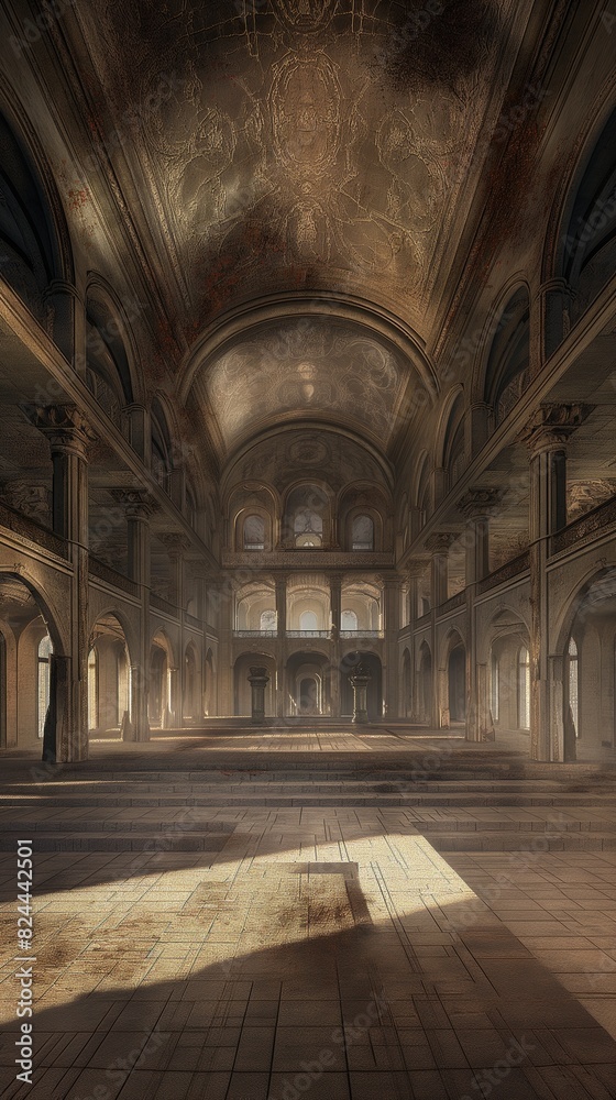 A panoramic view of the empty throne room, its vastness accentuated by the absence of life. The air is heavy with the scent of age 