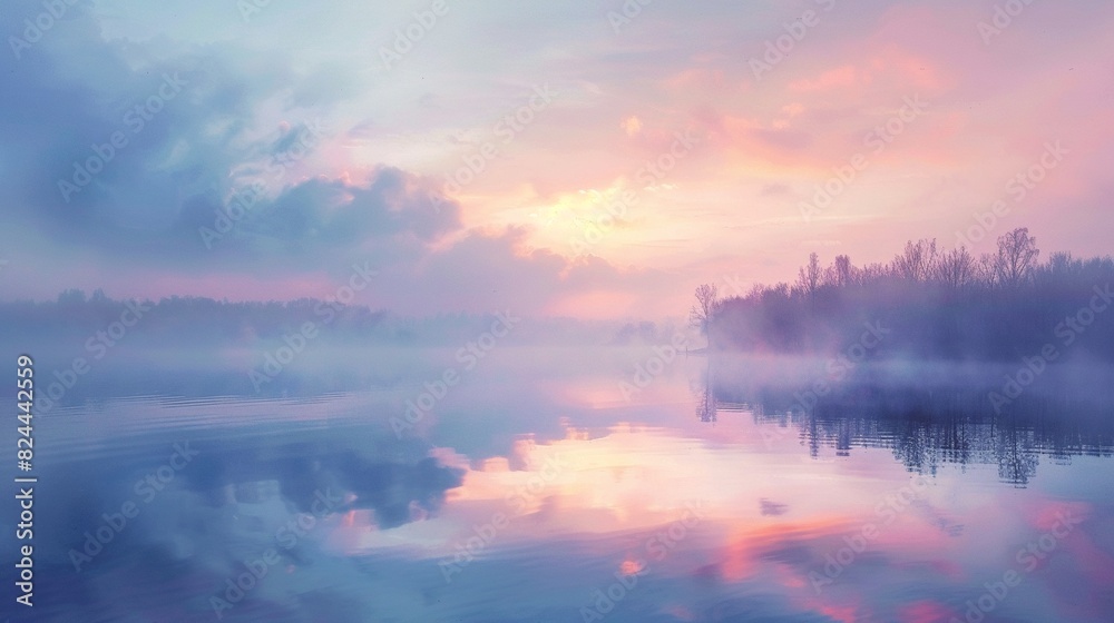 misty lake at dawn, peaceful reflection, pastel sky , hyper detailed