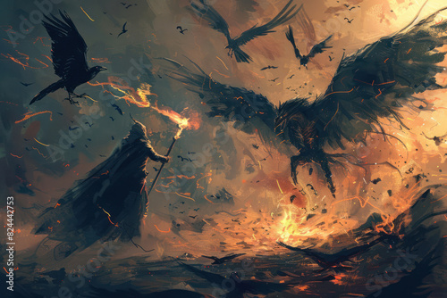illustration painting of fight scene of the man with magic wizard staff and the devil of crows