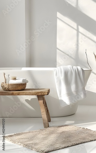 White minimalist bathroom with a freestanding bathtub, wooden stool and white towel on the floor