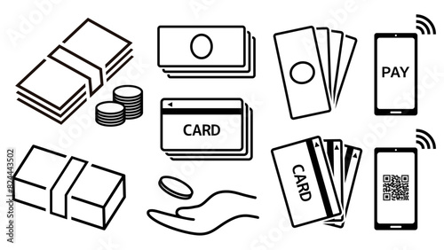 お金関連アイコンセット（札束・現金・キャッシュレス・カード）