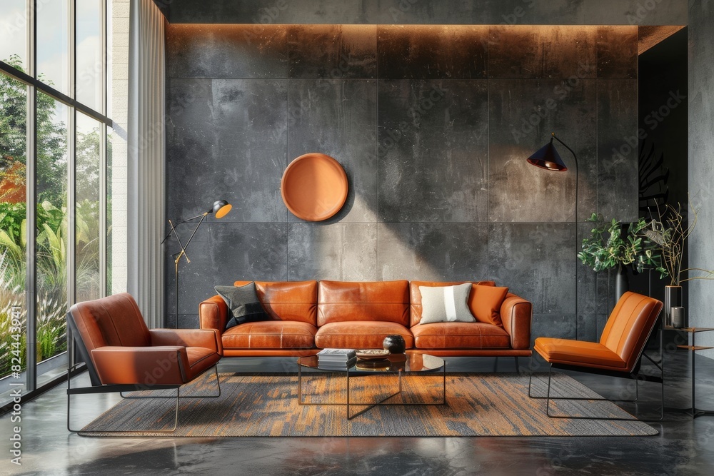 3D rendering of a modern interior design with a gray concrete wall, brown leather sofa and armchair in the living room background 3D rendering of a modern interior design with a gray concrete wall, brown leather sofa and armchair in the living room background